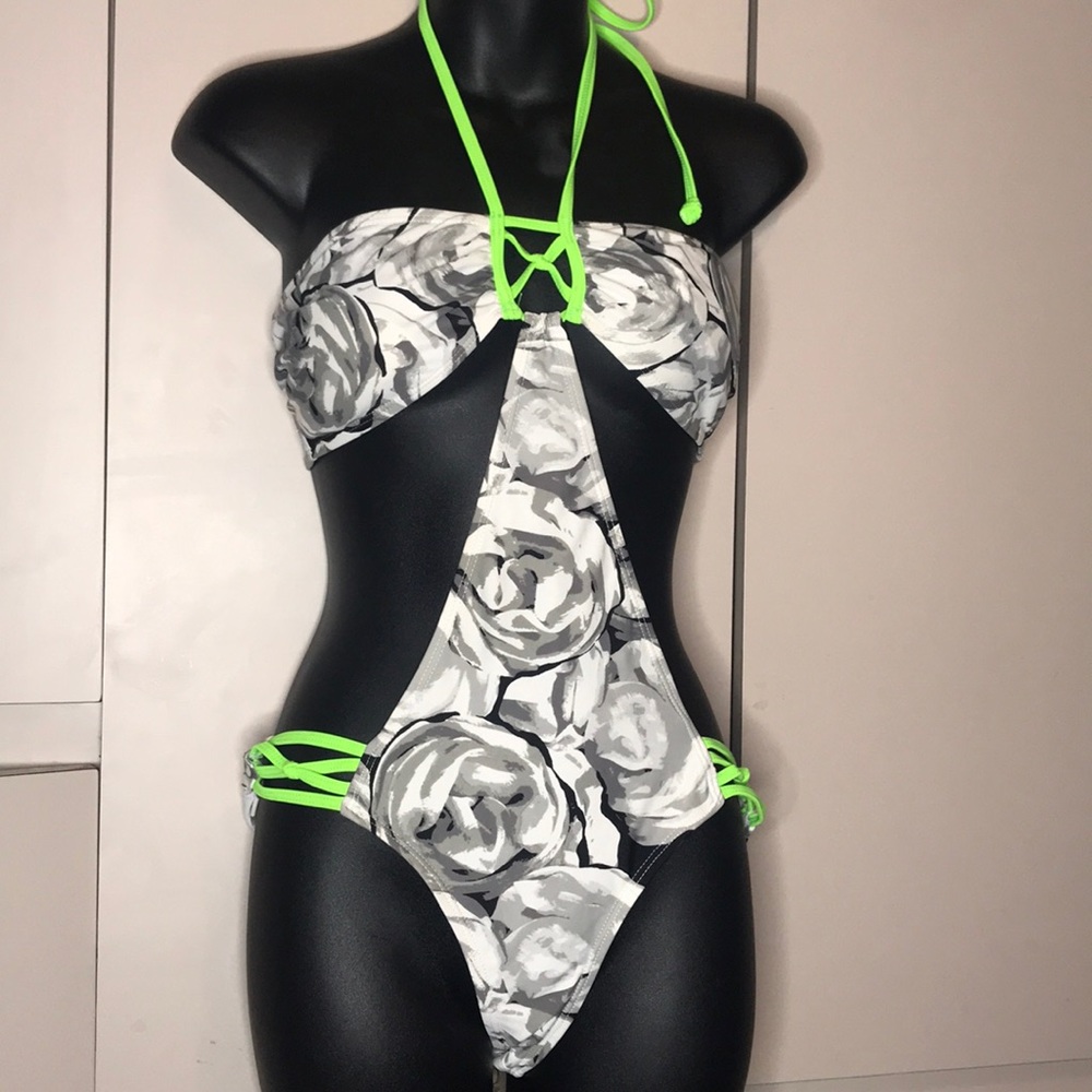 Print one piece halter swimsuit w/neon trim